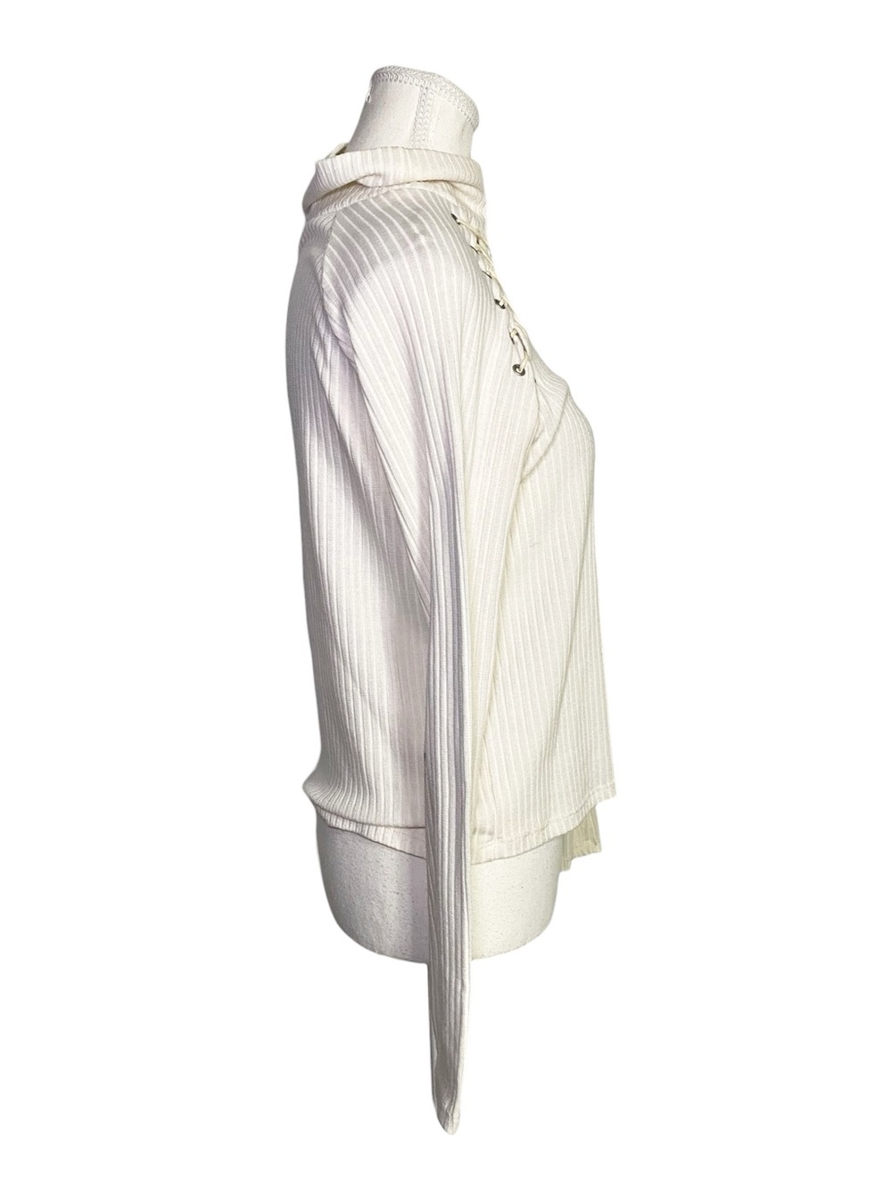 Poof Cream Ribbed Lace-Up Shoulder Turtleneck Size Small - Picture 3 of 15